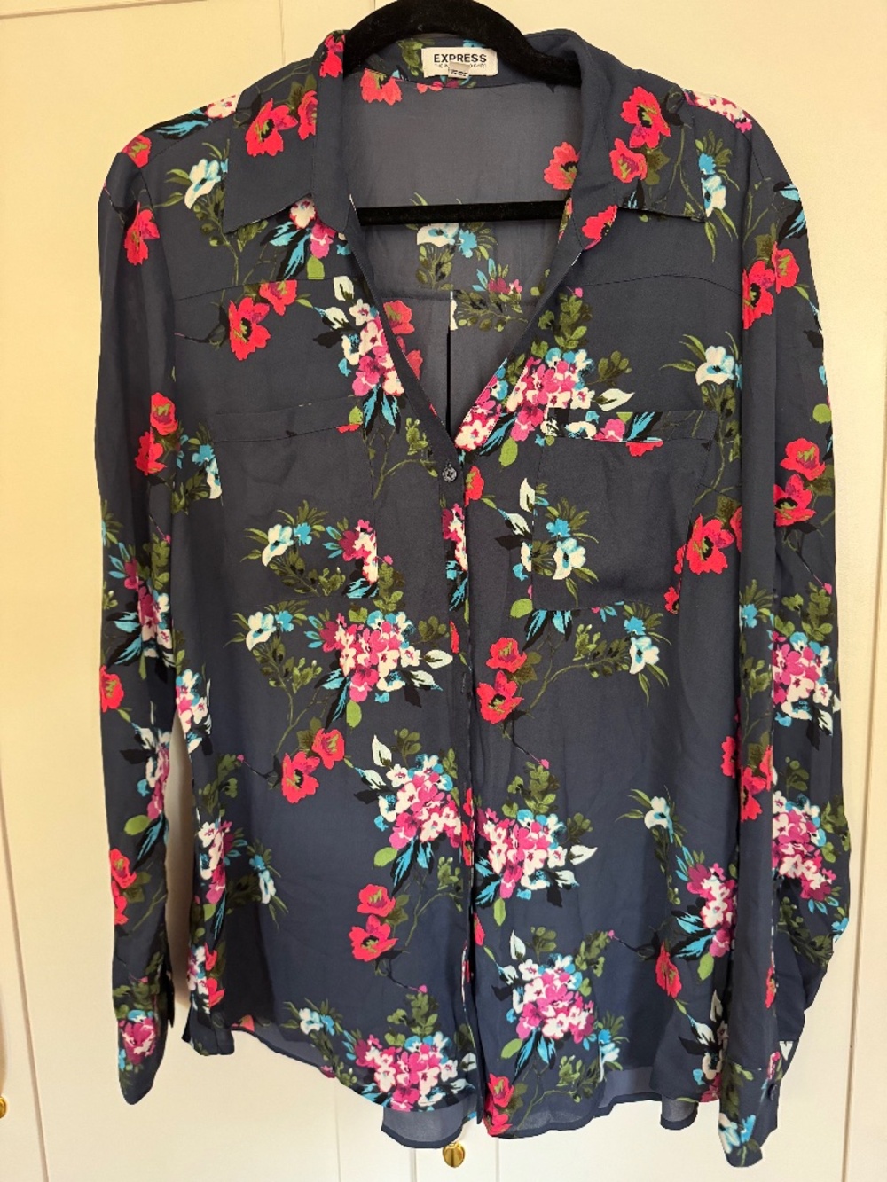 Express Portofino Shirt XL Navy Multicolor Floral Button Down Blouse